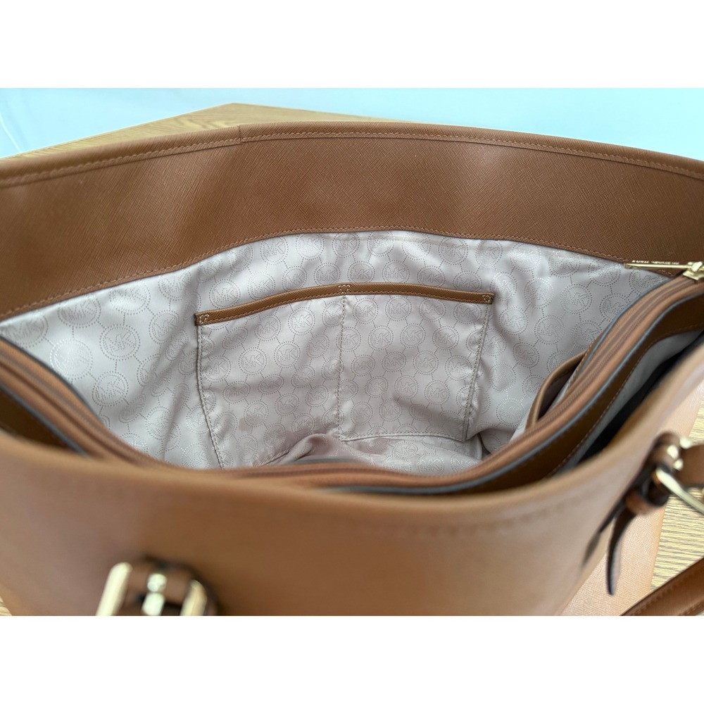 Michael Kors Charlotte Large Saffiano Leather Tote Luggage Brown Gold Hardware - Picture 9 of 13
